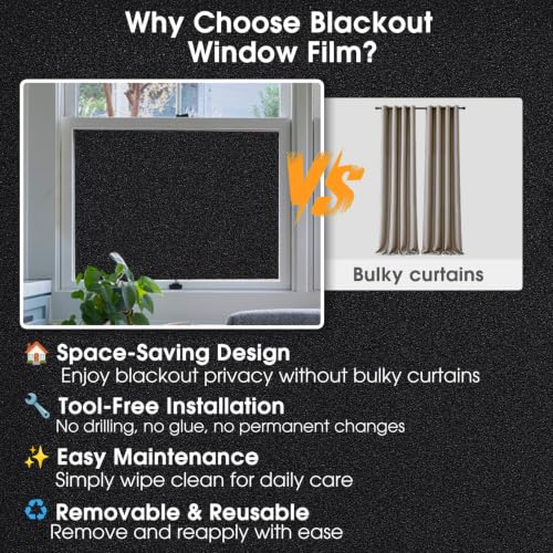 Image of Coavas Blackout Window Privacy Film Total 100% Light Blocking Room Darkening Window Tint for Home Frosted Static Cling Black Out Cover (11.8 x 78.7 Inch, Blackout)