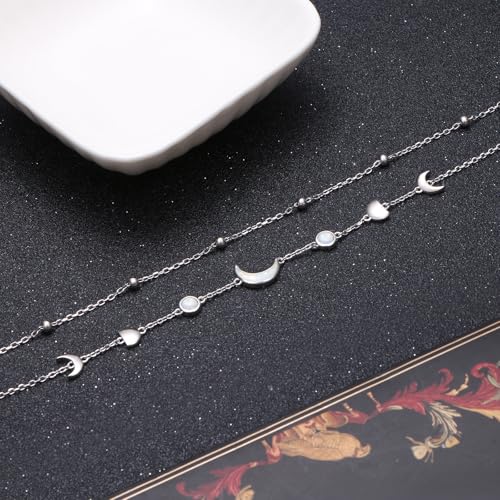 Image of Flyow Anklet for Women S925 Sterling Silver Adjustable Foot Beaded Heart Charm Ankle Bracelet Anklets Jewelry