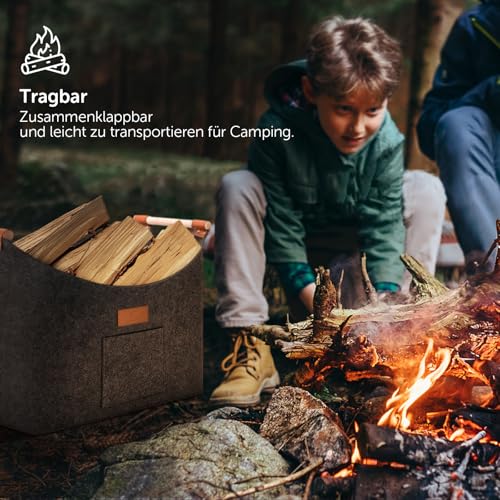 shinfly Holzkorb für Kaminholz 60L, Kaminholzkorb Brennholzkorb Groß für mehr Brennholz im Kamin, Faltbarer Feuerholzkorb aus Extradickem Filz für Einkauf, Holz, Spielzeug【Anthrazit】