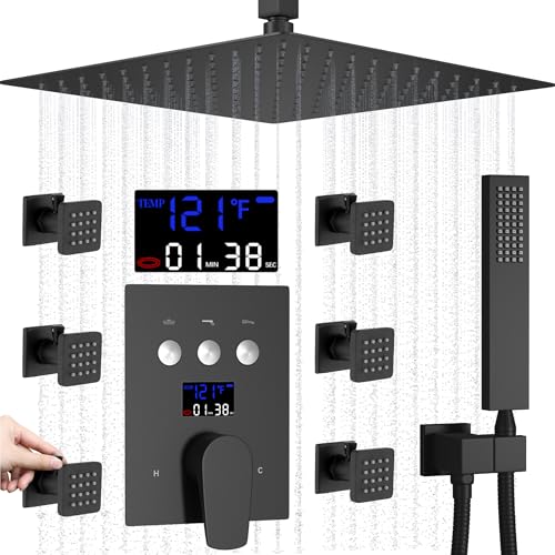 AYIVG-Matte-Black-Shower-System-Luxury-Shower-Faucet-Set-12-Inch-Ceiling-Mount-Rain-Shower-Head-System-With-Shut-Off-Body-Jets-Temperature-Display-shower-system
