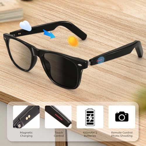 Image of Smart Glasses for Men Women, Bluetooth Audio Sunglasses with Color-Change Lenses Automatic Power On Off UV Protection Anti-Blue Lens Speakers Touch Control for Indoor Outdoor Walking Working