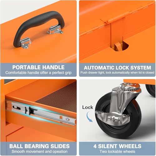 Image of 5-Drawer High Capacity Rolling Tool Chest, Removable Toolbox on Wheels Organizers, Lockable Tool Box Tool Storage Cabine with Drawers and Wheels for Workshop and Warehouse（5-Drawer, Orange）