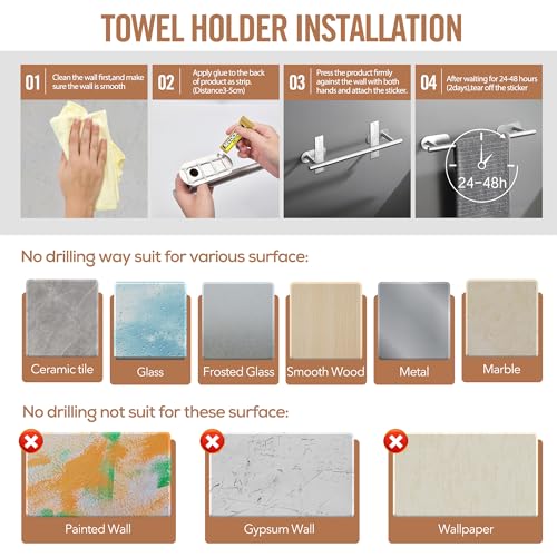 AIKER Handtuchhalter Ohne Bohren,10PCS Aktualisierte Version Handtuchhalter Set,Verdickter Hochwertiger Edelstahl 304 Badezimmer-kit Haken Selbstklebend,ideal Für Badzimmer Toilette Küche Büro-Silber