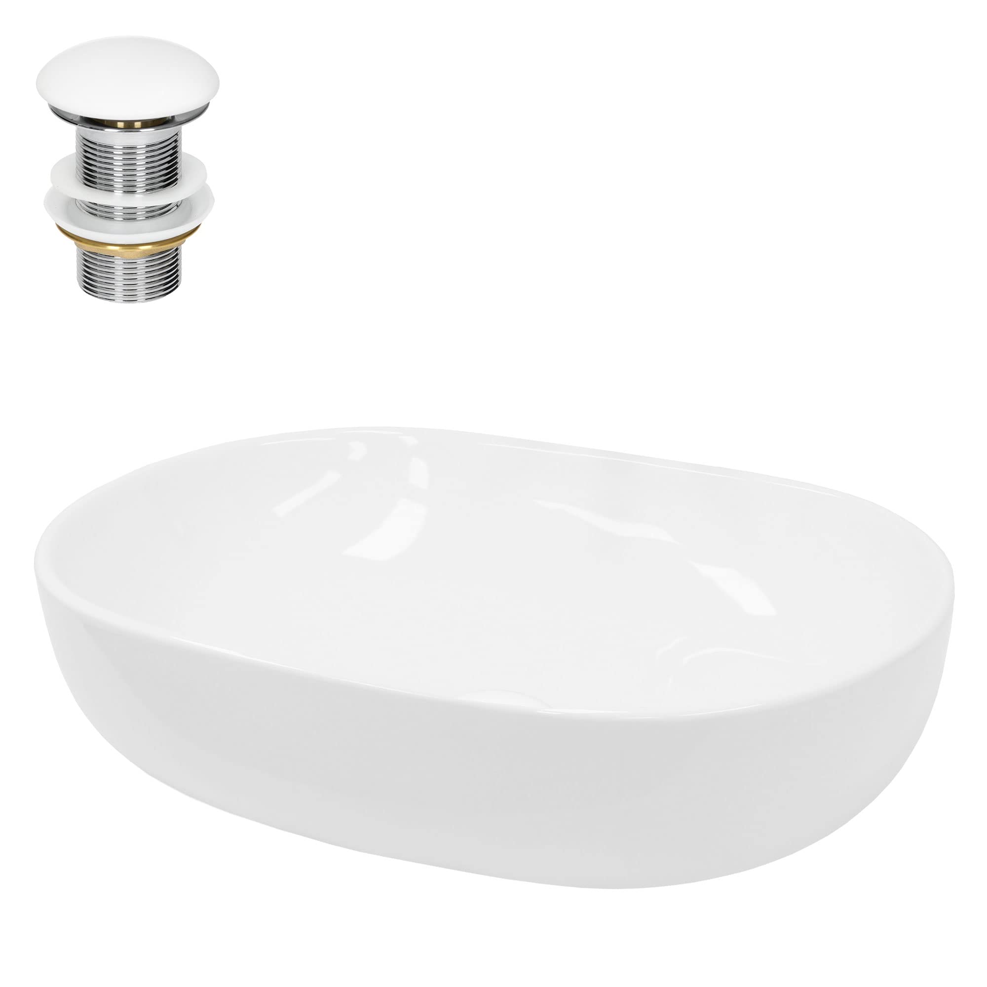 LuxeBath Waschbecken Keramik 600x420x145 mm, oval, Weiß mit Ablaufgarnitur Weiß, Aufsatzwaschbecken für Badezimmer/Gäste-WC, Modernes Aufsatzbecken, Waschtisch Waschschale Waschplatz Handwaschbecken