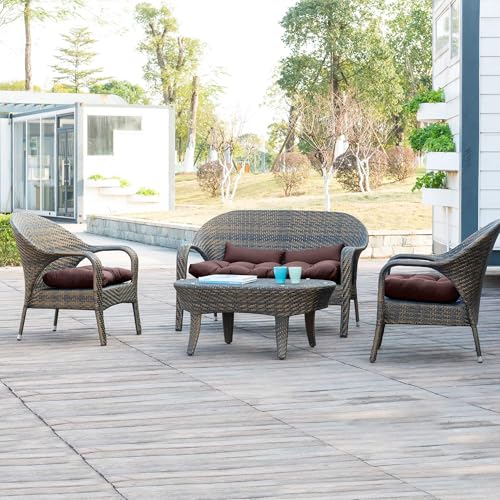 Image of QILLOWAY Outdoor Wicker Cushion Set of 5 - Waterproof Fade Resistant Patio Furniture Cushions, Loveseat 2 U-Shape 2 Lumbar Pillows for Porch, Bench, Backyard, Garden, Coffee