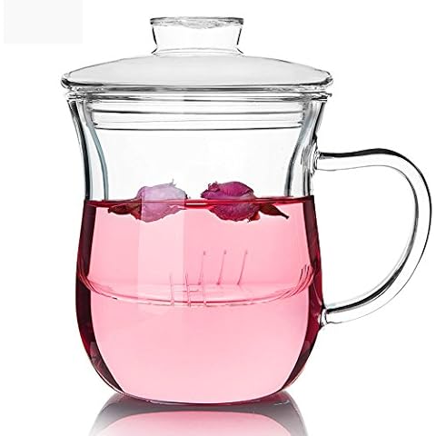 TAMUME 380ml Taza de Té de Vidrio con Filtro y Tapa Cover