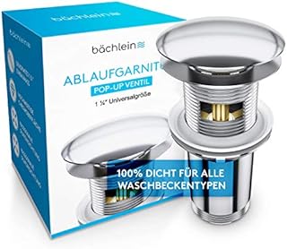 Bächlein Universal Ablaufgarnitur mit Überlauf für Waschbecken & Waschtisch - Chrom Pop Up Ventil – inkl 3 Dichtungen für Waschbecken aller Art, Ablaufventil Abflussgarnitur - Einbau mit Anleitung