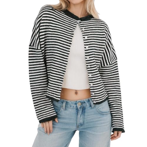 Women Trendy Button Down Striped Knit Cardigan Casual Loose Fit Long Sleeve Drop Shoulder Button Sweater Fall