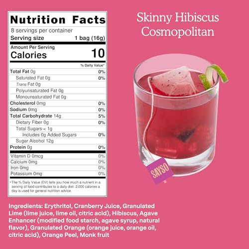 Image of SAYSO: Skinny Hibiscus Cosmo Craft Cocktail Tea Bag | Enjoy an Instant Cosmopolitan or Mocktail in Under 1 Min, <1G Sugar, 10 Calories, Vegan, Kosher, Non-GMO, 8 Count