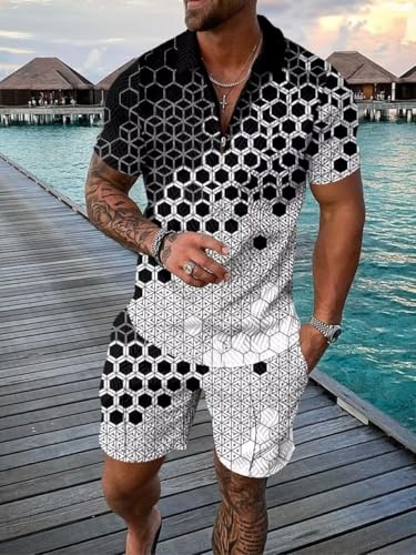 Size M Black White Mixed Honeycomb Mens Short Sets 2 Piece Outfits Polo Shirt Fashion Summer Tracksuits Casual Set Short Sleeve and Shorts Set for Men2