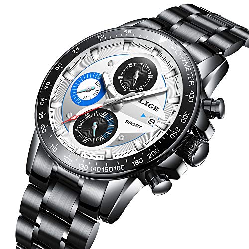 Weehey Montre-Bracelet Hommes Quartz Multifonctionnel Montre Sport Ronde Creative Business Étanche en Acier Noir Chaîne en Acier Bleu Chronographe Calendrier Fonction Noir Chaîne en Acier Rouge