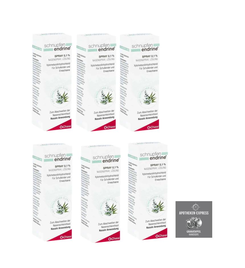 Schnupfen Endrine Nasenspray 0 1% für Erwachsene Set mit 6 x 10 ml inkl. Granatapfel Handseife von Apotheken-Express