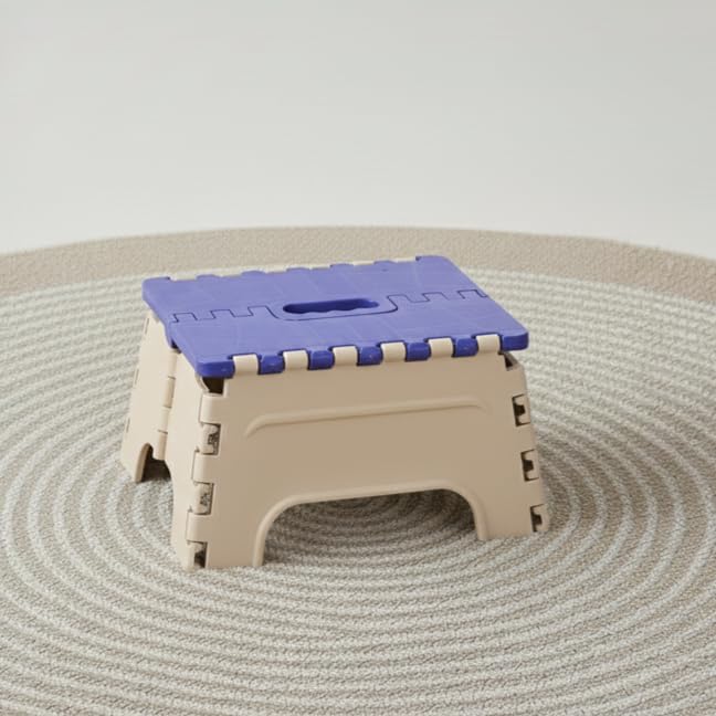 Image of U-MAX 7-Inch Folding Stool - Compact, Portable Step Stool for Kids & Adults, Lightweight Plastic Design, Slip-Resistant, Ideal for Kitchen, Bathroom, Camping & Travel (Blue&Ivory)