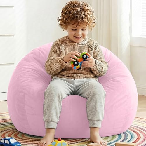Image of Stuffed Animal Storage Bean Bag Chair Cover for Kids (No Filler), Soft Comfy Velvet Beanbag Chair Cover Machine Washable, Kids Bean Bag Chair with Handle for Living Room Bedroom Dorm, Pink