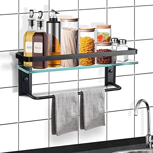 UPhitnis Küchenregal Wand Glasregal - 40cm Badregal Ohne Bohren mit 8 mm Dickem ESG Sicherheitsglas and Metal Handtuchhalter, Glasablage Bad für Küche Gewürze und Badzimmer Cover