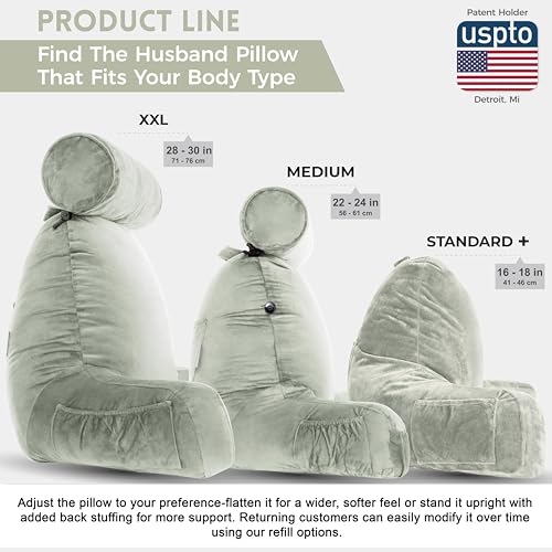 Image of Husband Pillow XXL Reading Pillow for Bed Backrest with Arms - Desert Sage Adult - Unmatched Support Pillow for Sitting Up in Bed - Shredded Memory Foam Comfy Microplush Cover & Detachable Neck Roll