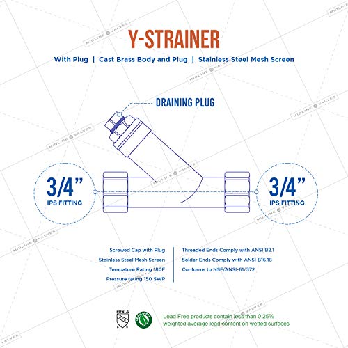 Image of Midline Valve 322U256-5 Y-Strainer with Stainless Steel Mesh Screen, Pipeline Filter Valve 3 /4 in. FIP, Cast Brass (5 Pack), 5 Count