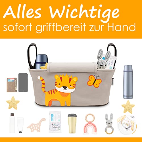 GRINSEZWERGE Kinderwagen Organizer 12 Motive mit Feuchttuchspender I Kinderwagen Tasche verschließbar I Kinder Buggy Organizer I Kinderwagentasche Aufbewahrungstasche Baby Stroller Bag grau Tiger