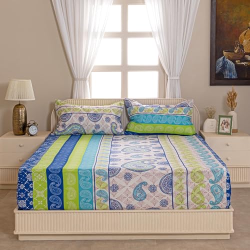 Image of Swayam 100% Cotton King Fitted Bedsheet with 2 Pillow Covers | Size 72 x 78 x 10 inch | 144 TC | Ethnic Motifs Design | Soft Breathable Bed Sheet | Comfortable & Durable for Bedroom - Multicolor