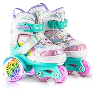 SULIFEEL Rainbow Unicorn 4 Size Adjustable Light up Roller Skates for Girls Boys for Kids