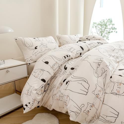 ECOCOTT Duvet Cover Queen Size, 3 Pcs Cartoon Cats Animal Print Pattern Duvet Cover Set, Super Soft Comforter Quilt Cover with Zipper Closure 4 Ties