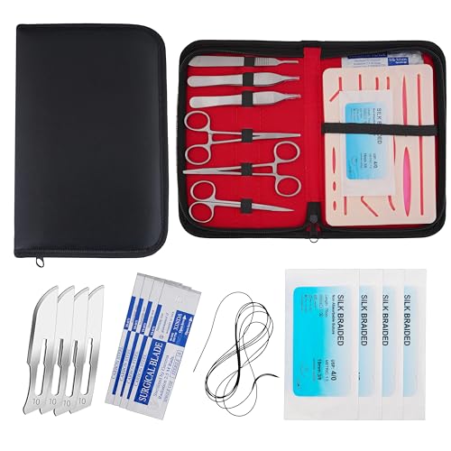 Complete Suture Practice kit for Students Traning Manual & Carryall Case Reusable Mesh Pre Cut- 14 Wounds Silicone Skin Suture Pad - for Education Use Only (15)