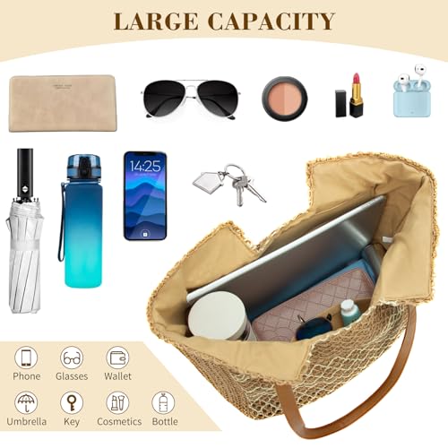 Image of MICOM Tote Bag for Women-Large Woven Bag,Straw Beach Bag,Lightweight Straw Beach Totes Bags for Women,Woven Handbag with PU Strap and Zipper for Picnic
