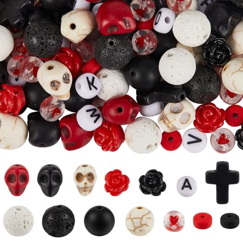 SUNNYCLUE 1 Box 416Pcs Halloween Beads Kit Stone Cross Beads Rose Flower Skull Bead Synthetic Turquoise Black Red Gemstone Bead Natural Lava Rock Beads for Jewelry Making Kits Adult DIY Supplies