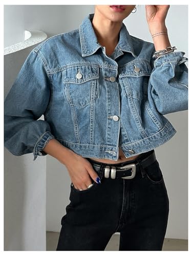WDIRARA Women's Button Down Cropped Denim Jacket Long Sleeve Jean Jackets2