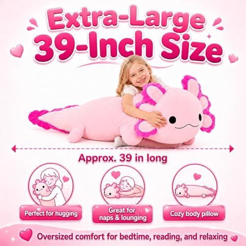 Image of BENINY 39-Inch Giant Axolotl Plush Pillow, Hot Pink Large Stuffed Animal, Extra Soft Huggable Cuddly Toy Gift for Kids Girls Boys, Birthday Christmas Room Decor