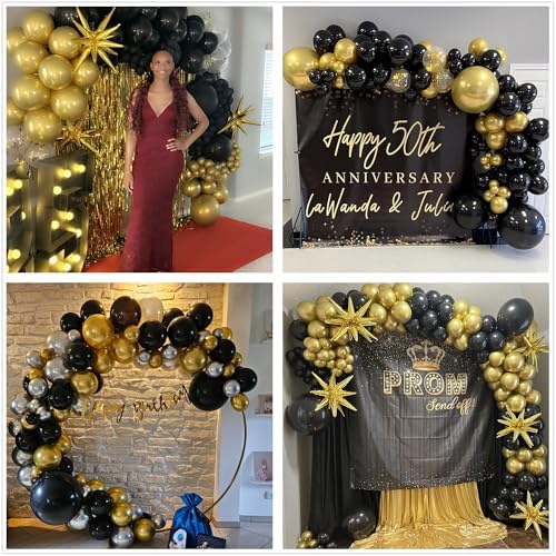 Black and Gold Balloons Garland Arch Kit, 142PCS Black Gold Confetti Balloons Arch Kit with 3PCS Gold Starburst Foil Balloons for Graduation Birthday Retirement New Year Anniversary Party Decorations — view 6