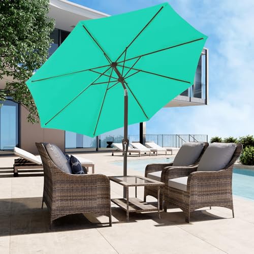 Image of JEAREY 9FT Outdoor Patio Umbrella Market Umbrella with Push Button Tilt and Crank, Outdoor Table Umbrellas 8 Sturdy Ribs UV Protection Waterproof for Garden, Deck, Backyard, Pool (Teal)