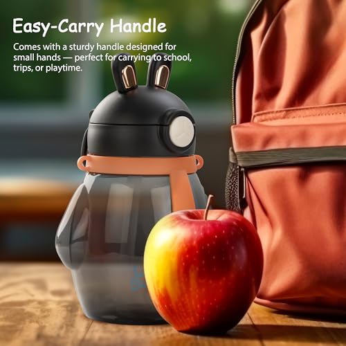 Image of Baybee Lovely Bunnies Kids Water Bottle 600ml | BPA Free & Leakproof Safe Sipper Bottle with Straw | Cute Rabbit Design Smooth Sipping with Handle & Neck Strap,Flip Lid for School Kids & Babys (Black)
