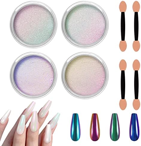 Allstarry White Chrome Nail Powder, 4 PCS Color-Shift Chameleon Chrome Effect Powder Neon Aurora Glitter Dust Iridescent Pearlescent Pearl Pigment for Nail Art Decoration, Gel Polish, Resin Craft