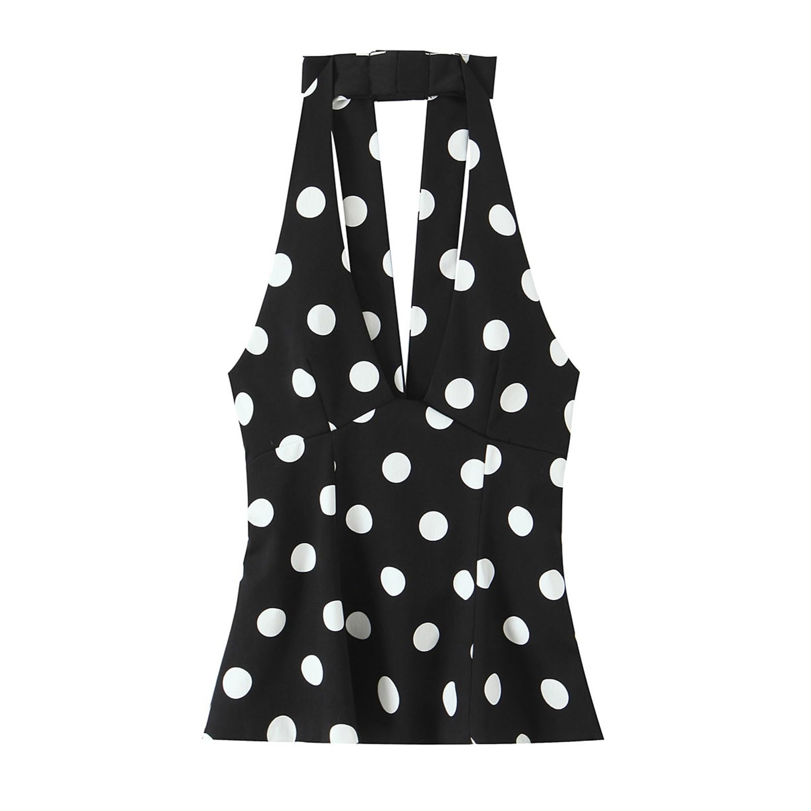 Top Halter Mujer Top sin Espalda Verano Mujer Negro Lunares Lazo decoración Cuello Halter Chaleco Tops Moda Mangas Sexy