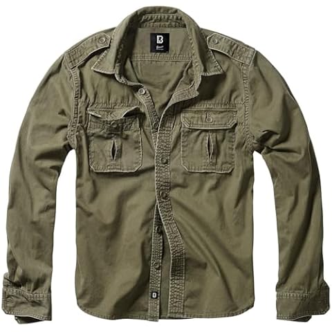 Brandit Individual WEAR Men's Rugged Cotton Breathable Casual Button Down Long Sleeve Shirt with Raw Edges & Shoulder Boards, Olive, X-Large Cover