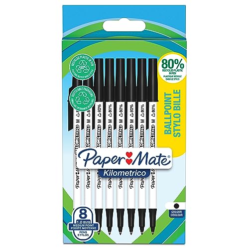 Paper Mate Kilometrico Ballpoint Pens | Long Writing with Medium Point (1.0mm) | Black Ink | 80% Recycled Plastic | 8 Count