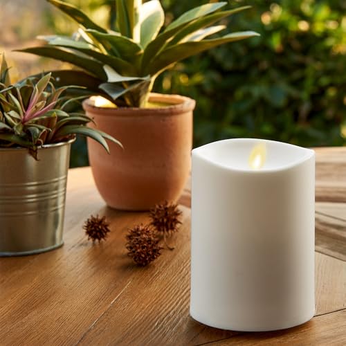 Image of Luminara Outdoor Flameless LED Ivory Candle Melted Edge 3.75 inch x 5 inch Real Moving Flame Battery Operated Timer Plastic Weather-Resistant