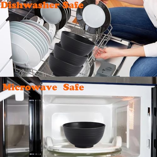 Unbreakable Wheat Straw Cereal Bowls Set of 4, 24 OZ Microwave and Dishwasher Safe Lightweight Soup and Salad Bowl Sets, Reusable Dessert Bowls for Rice, Pasta, Snack, Fruit, BPA Free (Black)