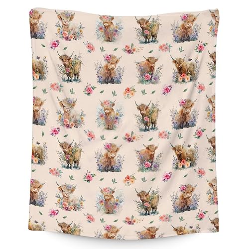 Mercuryelf Highland Cow Throw Blanket - Soft, Fuzzy & Warm - 50x60 Inches Flannel Blankets for Living Room, Sofa - Beige Cute Throws Gift for Teens