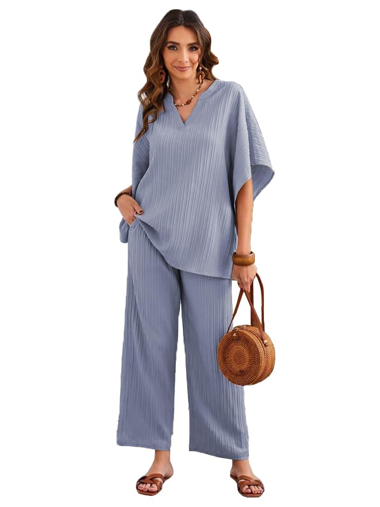 Tadkee Women's Solid Color V-Neck Kaftan Sleeve Casual Wear Co Ord Set | Kurta Set For Women (Fn-Sugar-Cord-121-Aqua-S)