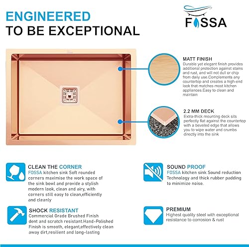 Image of Fossa 24x18x10 Inch Single Bowl Handmade Kitchen Sink | Premium Stainless Steel | Rust-Proof, Easy Clean, Deep Countertop Sink for Luxury Modular Kitchens Rose Gold (Matte Finish)