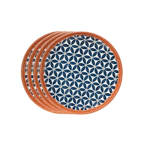 Image of Lellow Ceramic Dinner Plate Set of 4 | Honeycomb Pattern with Orange Rim | Microwave Safe | Dishwasher Safe | Food Grade Glazed Ceramic | Modern Dining Plates for Daily Use