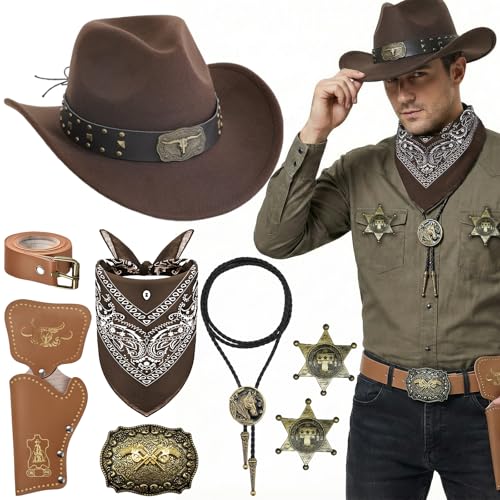 Saier tbo 8 Stück Western Cowboy Kostüm für Herren Retro Cowboy Accessoire Set mit Cowboyhut Halskette Gürtel Holster Gürtelschnalle Bandana Abzeichen für Erwachsener Karneval Halloween MottoParty