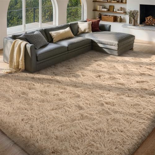 FinRec 8x10 Feet Rugs for Bedroom Living Room, Tan Fluffy Plush Area Rug, Non-Slip High Pile Shaggy Rug for Kids Room Dorm Room Home Decor, Indoor Solid Shag Floor Carpet