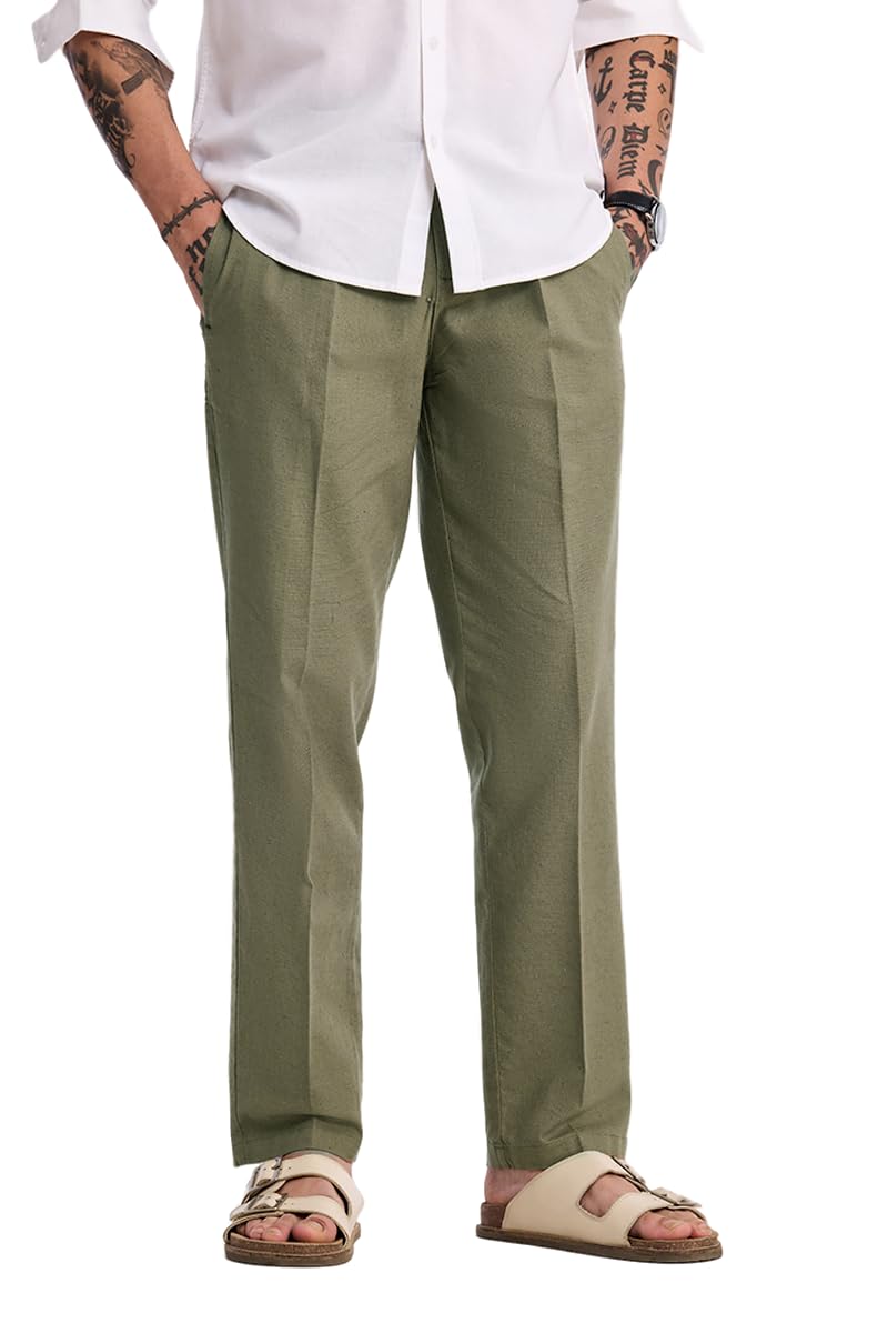 Men Casual Trousers | Relaxed Fit Plain Front Straight Leg | Breathable Cotton Linen Blend Fabric for Summer Comfort & Everyday Smart Wear-image-45