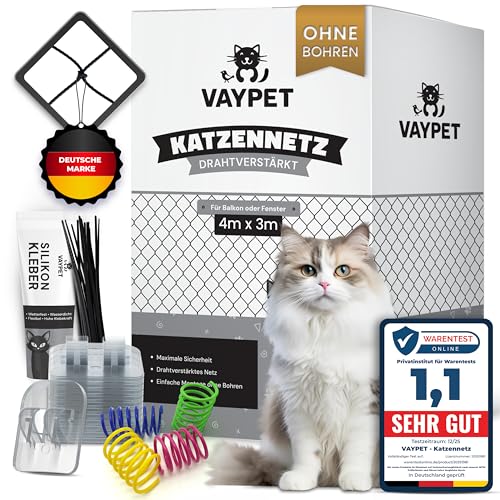 VAYPET® Katzennetz für Balkon ohne Bohren inkl. Klebehaken & Silikonkleber I Robustes Katzennetz drahtverstärkt & wetterfest I Einfach mit dem...