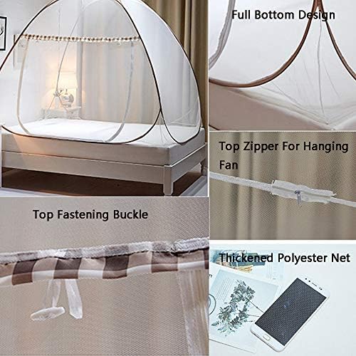 Folding Mosquito Net Bed Canopy Pop Up Foldable Dome Net Single Door Free Installation Insect Protection Screen (Light Coffee 150 x 200 x 150cm)