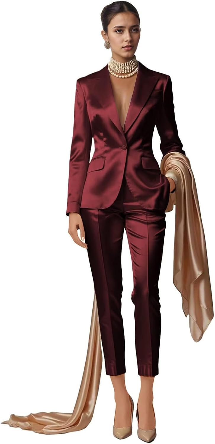 Womens Satin Suit 2 Piece Slim Fit Suit for Women Elegant Womens Tuxedo for Wedding Solid Peak Lapel Business Set