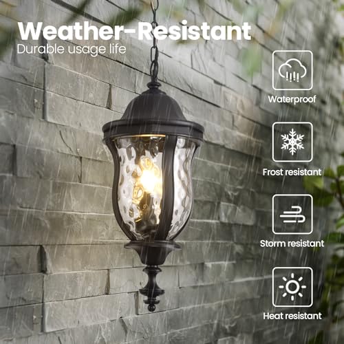 Image of Large Outdoor Pendant Light 23.6'' Black Hanging Lantern Porch Light